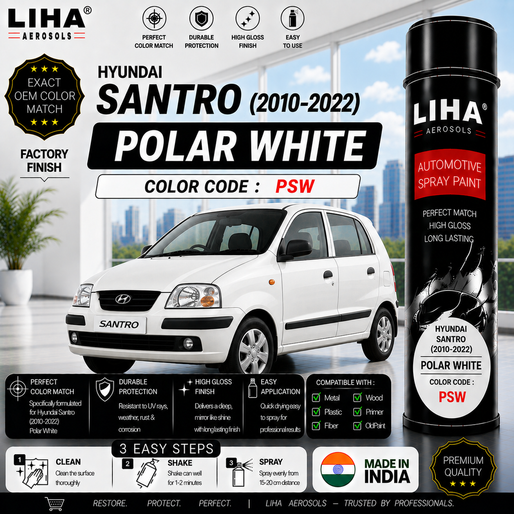 Hyundai Santro Polar White Touch Up Spray Paint – OEM Color Match | LIHA Aerosols 500ml