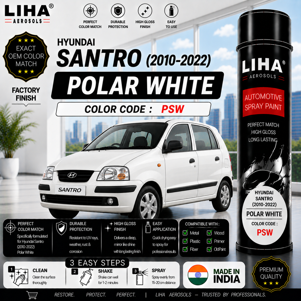 Hyundai Santro Polar White Touch Up Spray Paint – OEM Color Match | LIHA Aerosols 500ml