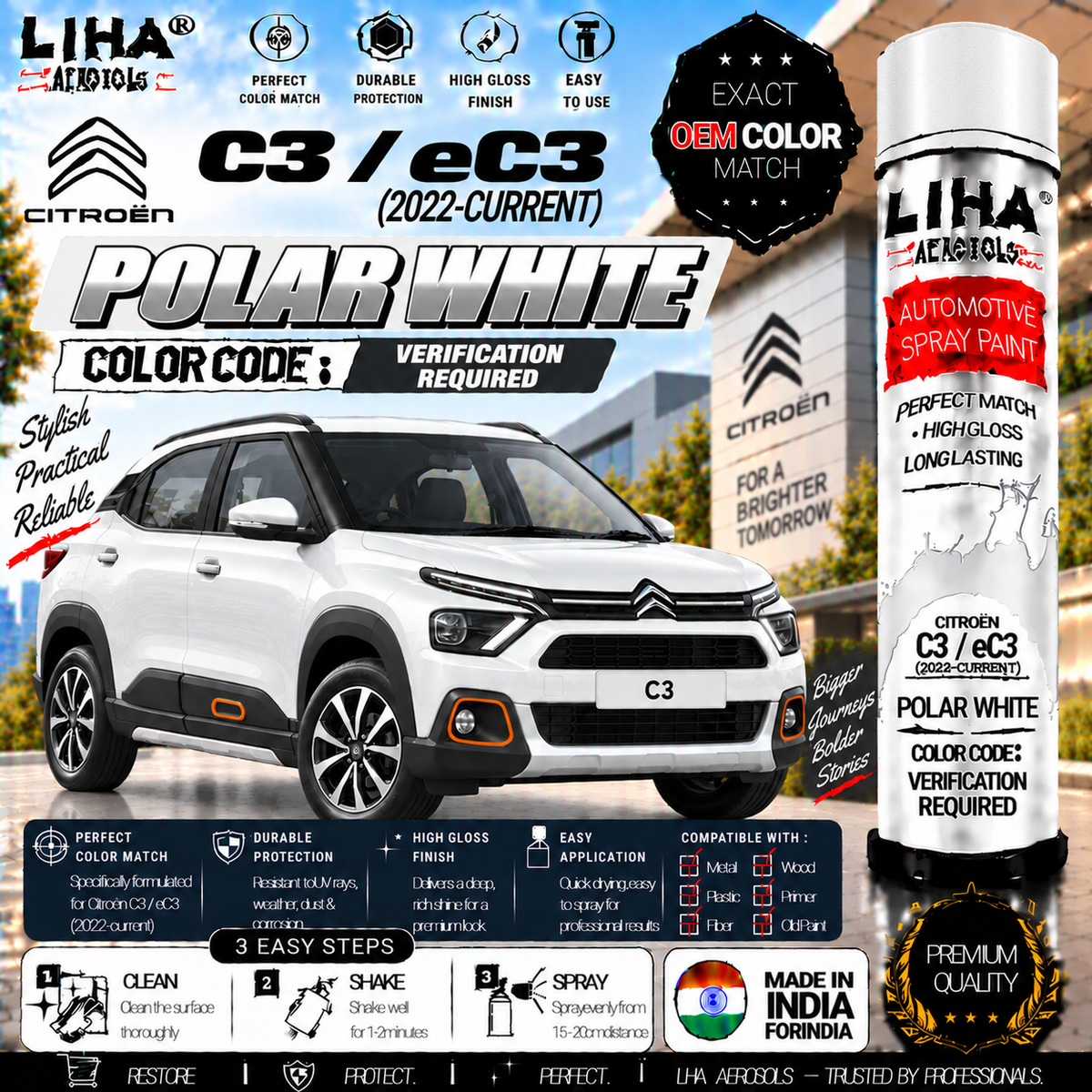 Citroen C3 / eC3 Polar White Touch Up Spray Paint – OEM Color Match | LIHA Aerosols 500ml