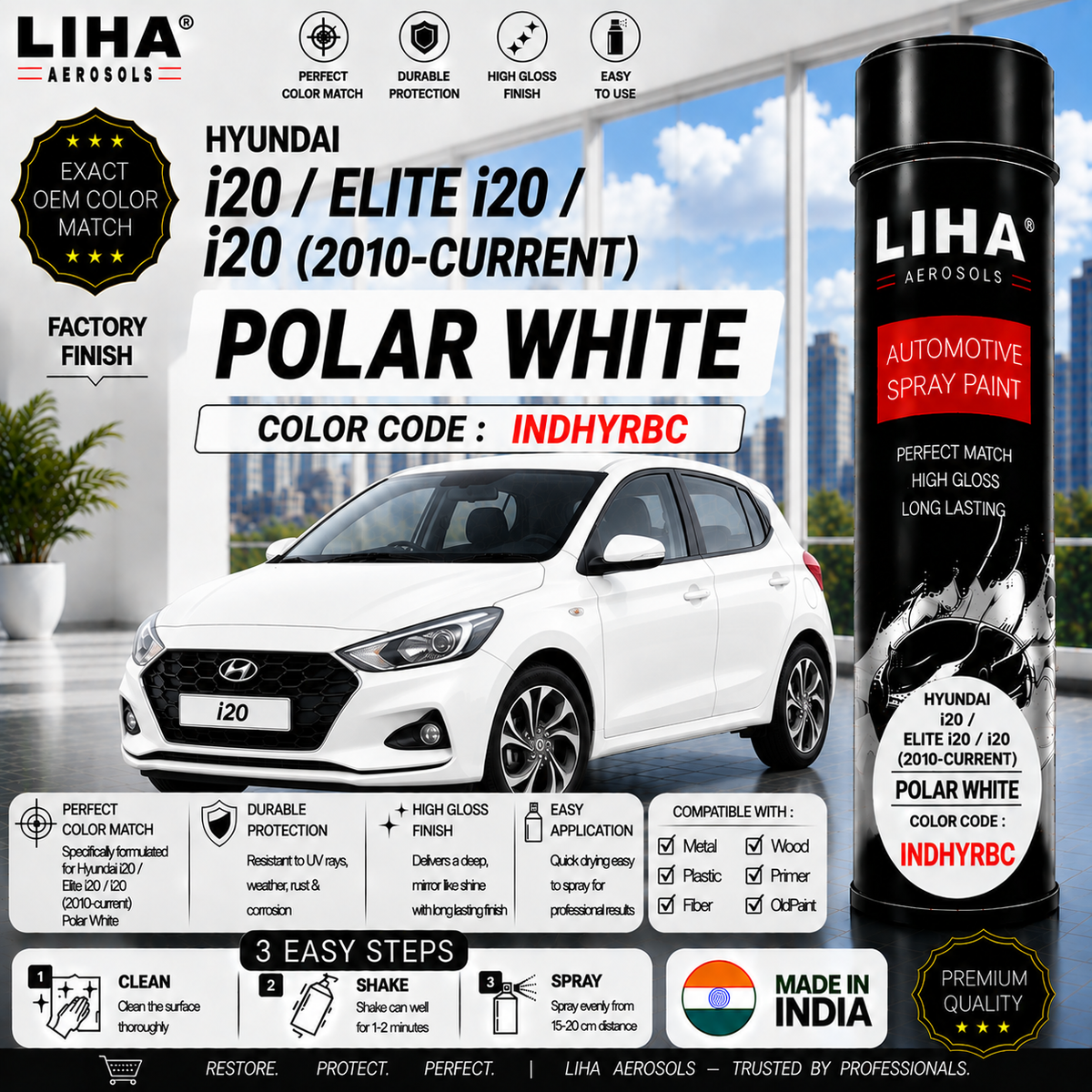 Hyundai i20 / Elite i20 / i20 Polar White Touch Up Spray Paint – OEM Color Match | LIHA Aerosols 500ml