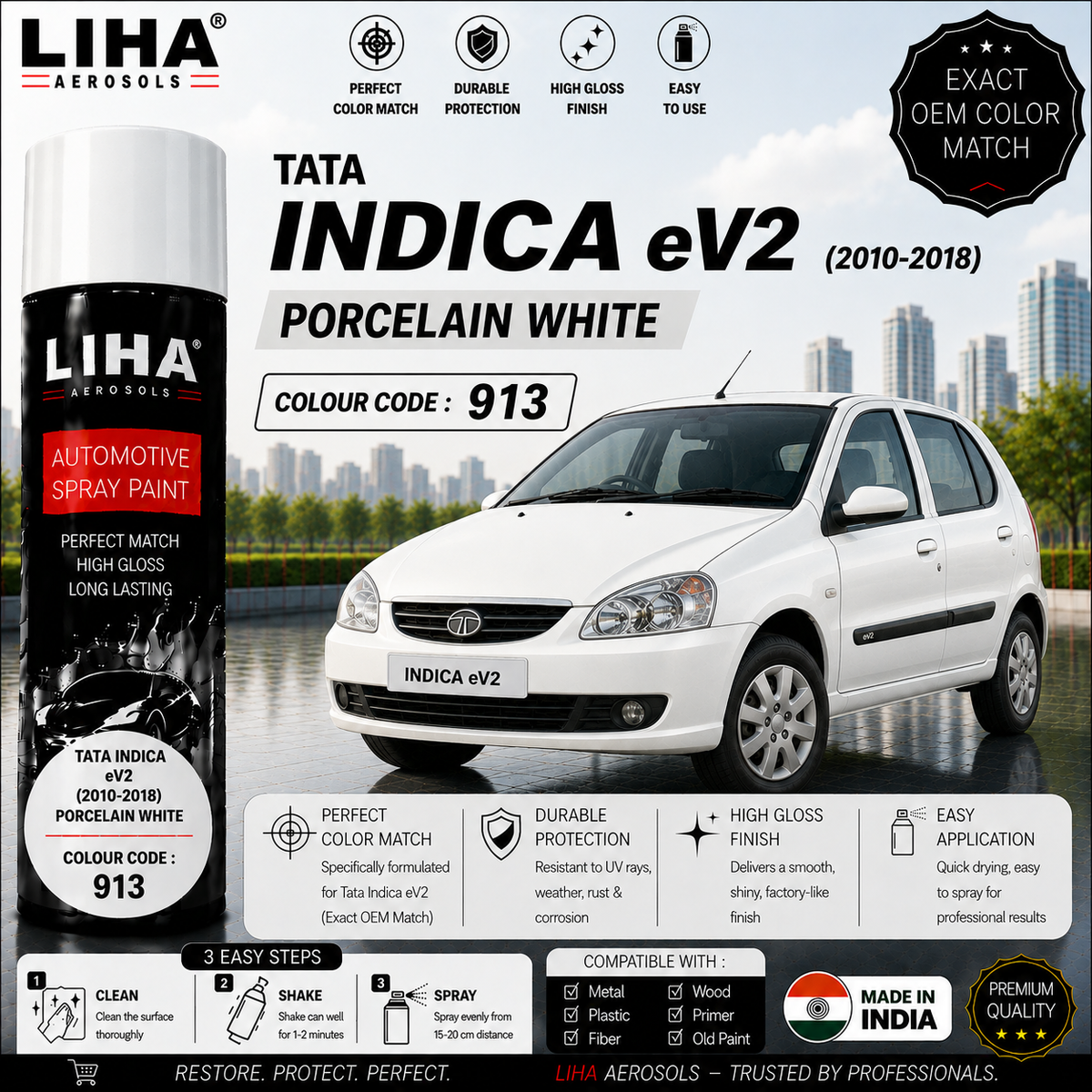 Tata Indica eV2 Porcelain White Touch Up Spray Paint – OEM Color Match | LIHA Aerosols 500ml