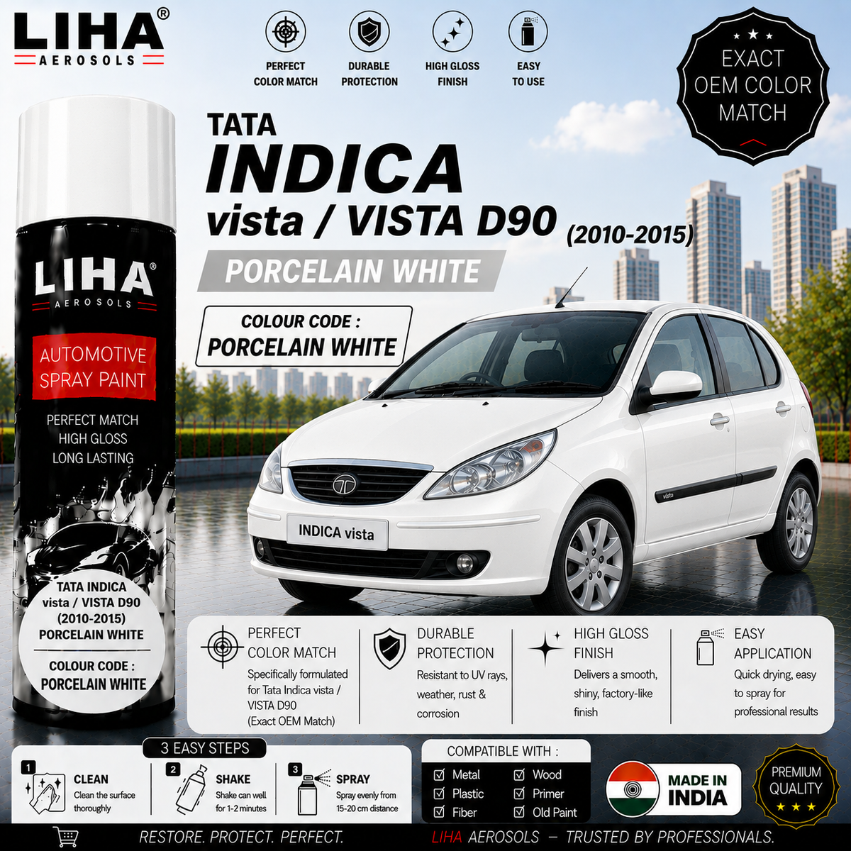 Tata Indica Vista / Vista D90 Porcelain White Touch Up Spray Paint – OEM Color Match | LIHA Aerosols 500ml