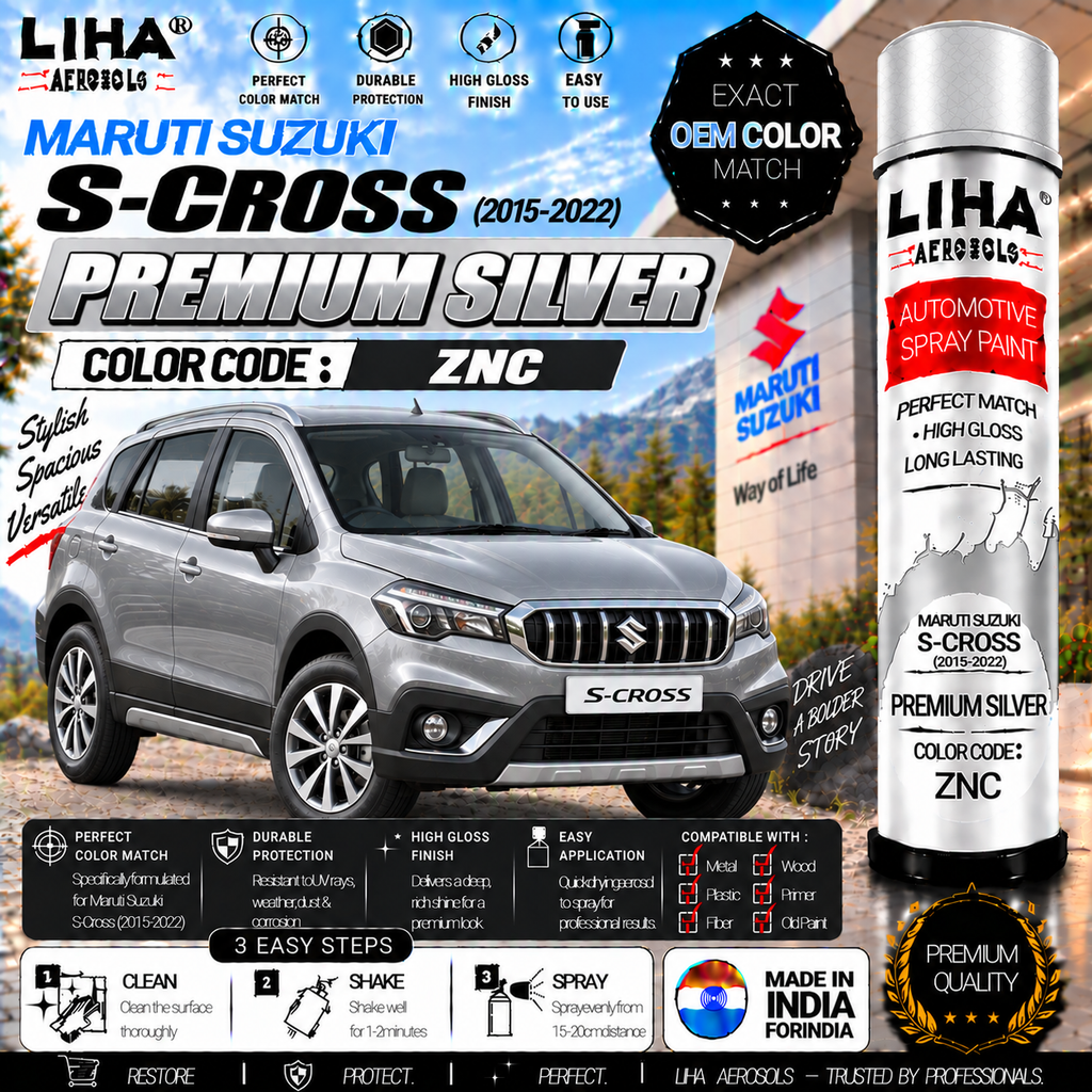 Maruti Suzuki S-Cross Premium Silver Touch Up Spray Paint – OEM Color Match | LIHA Aerosols 500ml