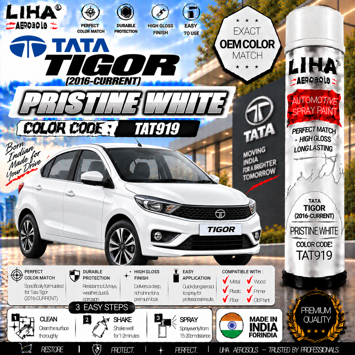 Tata Tigor Pristine White Touch Up Spray Paint – OEM Color Match | LIHA Aerosols 500ml