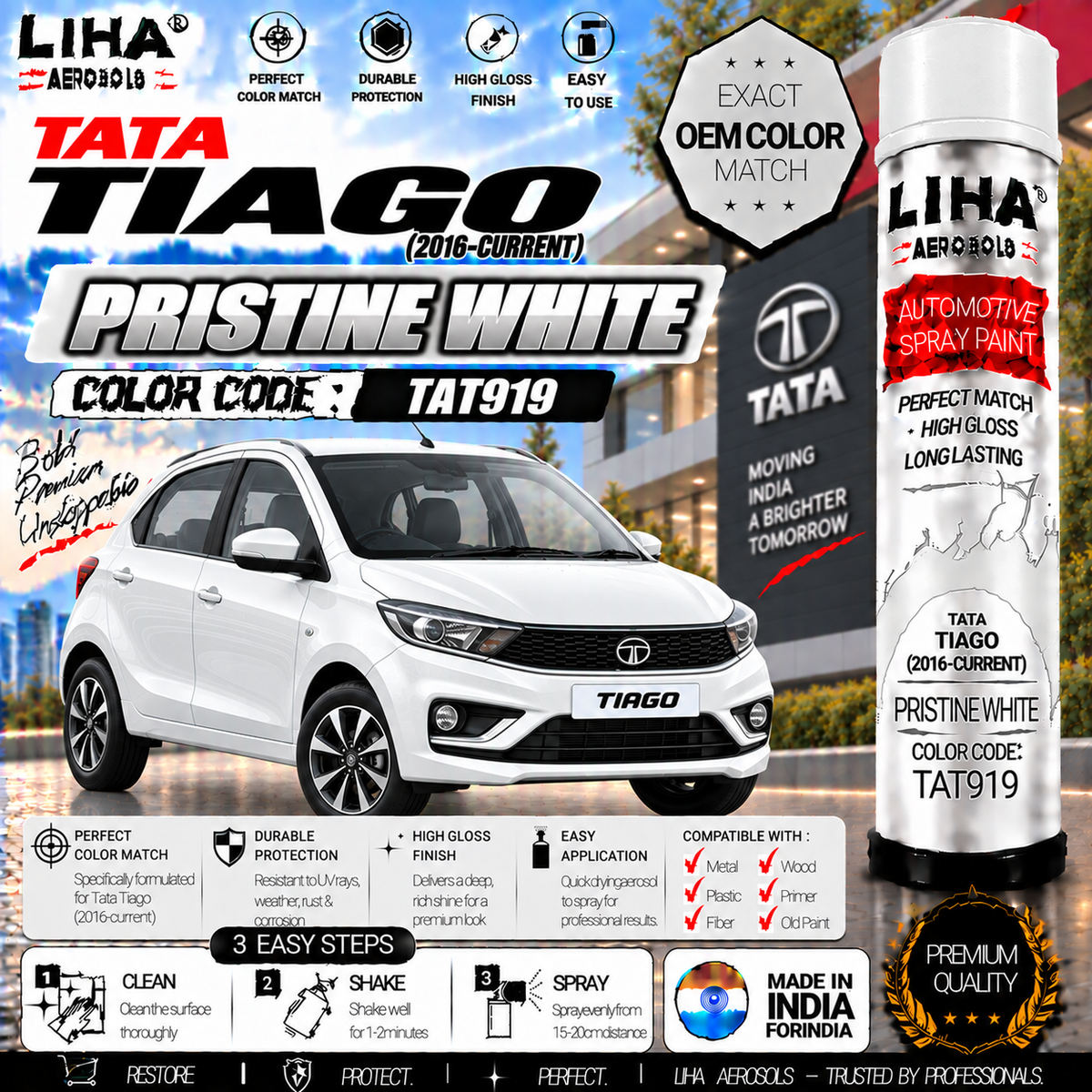 Tata Tiago Pristine White Touch Up Spray Paint – OEM Color Match | LIHA Aerosols 500ml