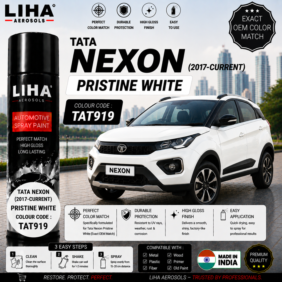 Tata Nexon Pristine White Touch Up Spray Paint – OEM Color Match | LIHA Aerosols 500ml