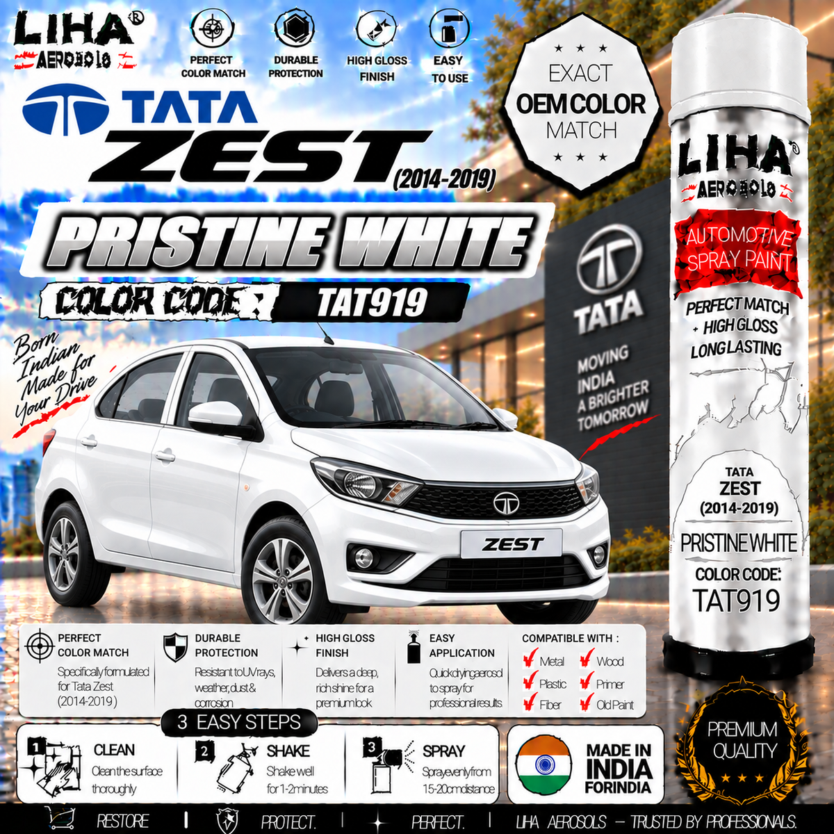 Tata Zest Pristine White Touch Up Spray Paint – OEM Color Match | LIHA Aerosols 500ml