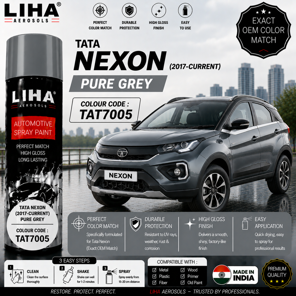 Tata Nexon Pure Grey Touch Up Spray Paint – OEM Color Match | LIHA Aerosols 500ml