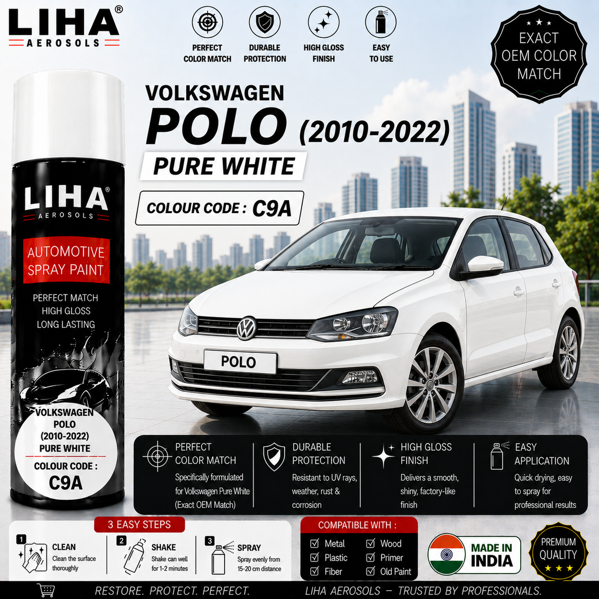 Volkswagen Polo Pure White Touch Up Spray Paint – OEM Color Match | LIHA Aerosols 500ml