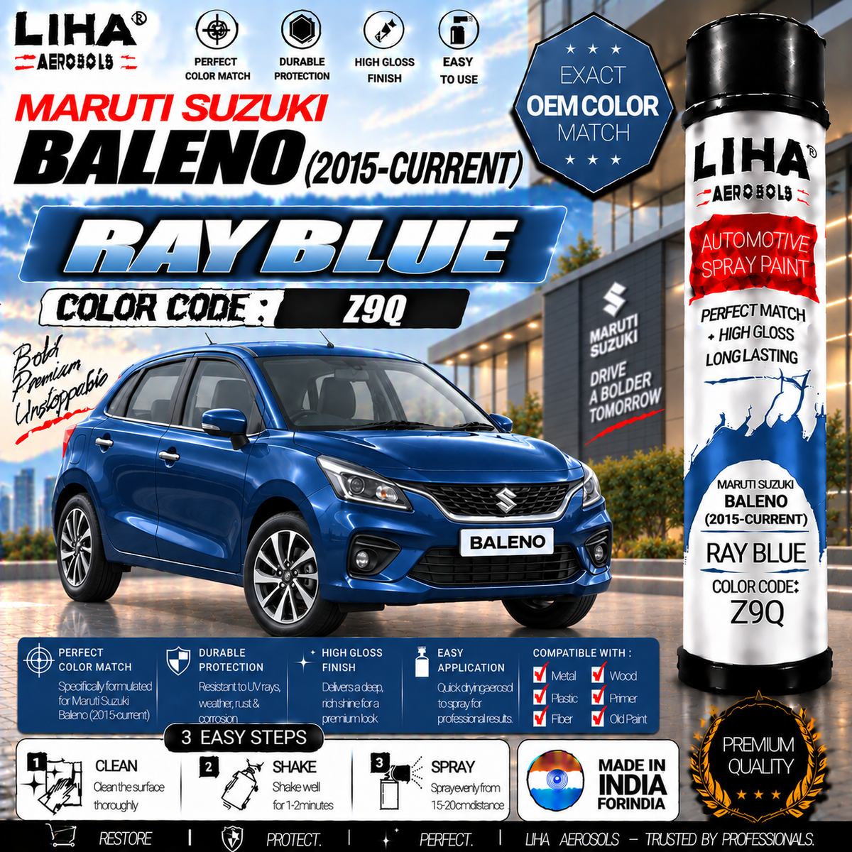 Maruti Suzuki Baleno Ray Blue Touch Up Spray Paint – OEM Color Match | LIHA Aerosols 500ml