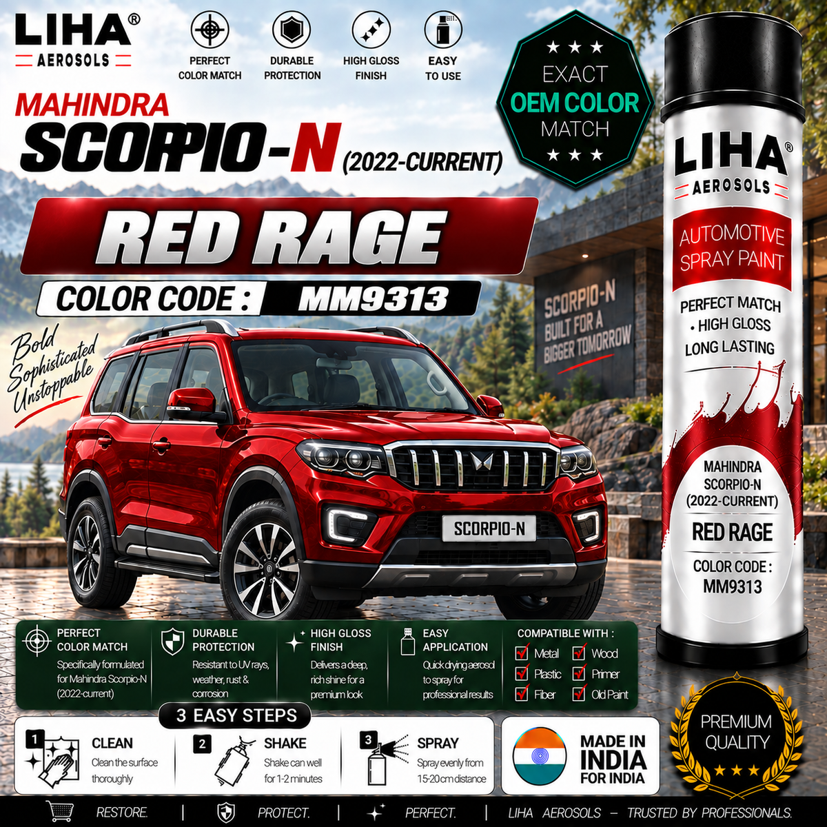 Mahindra Scorpio-N Red Rage Touch Up Spray Paint – OEM Color Match | LIHA Aerosols 500ml