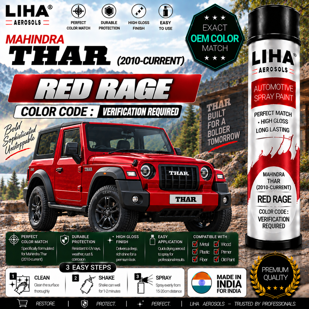Mahindra Thar Red Rage Touch Up Spray Paint – OEM Color Match | LIHA Aerosols 500ml