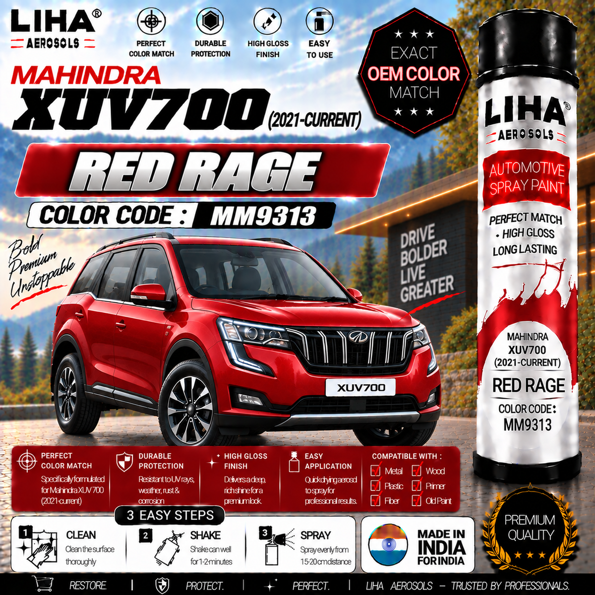 Mahindra XUV700 Red Rage Touch Up Spray Paint – OEM Color Match | LIHA Aerosols 500ml