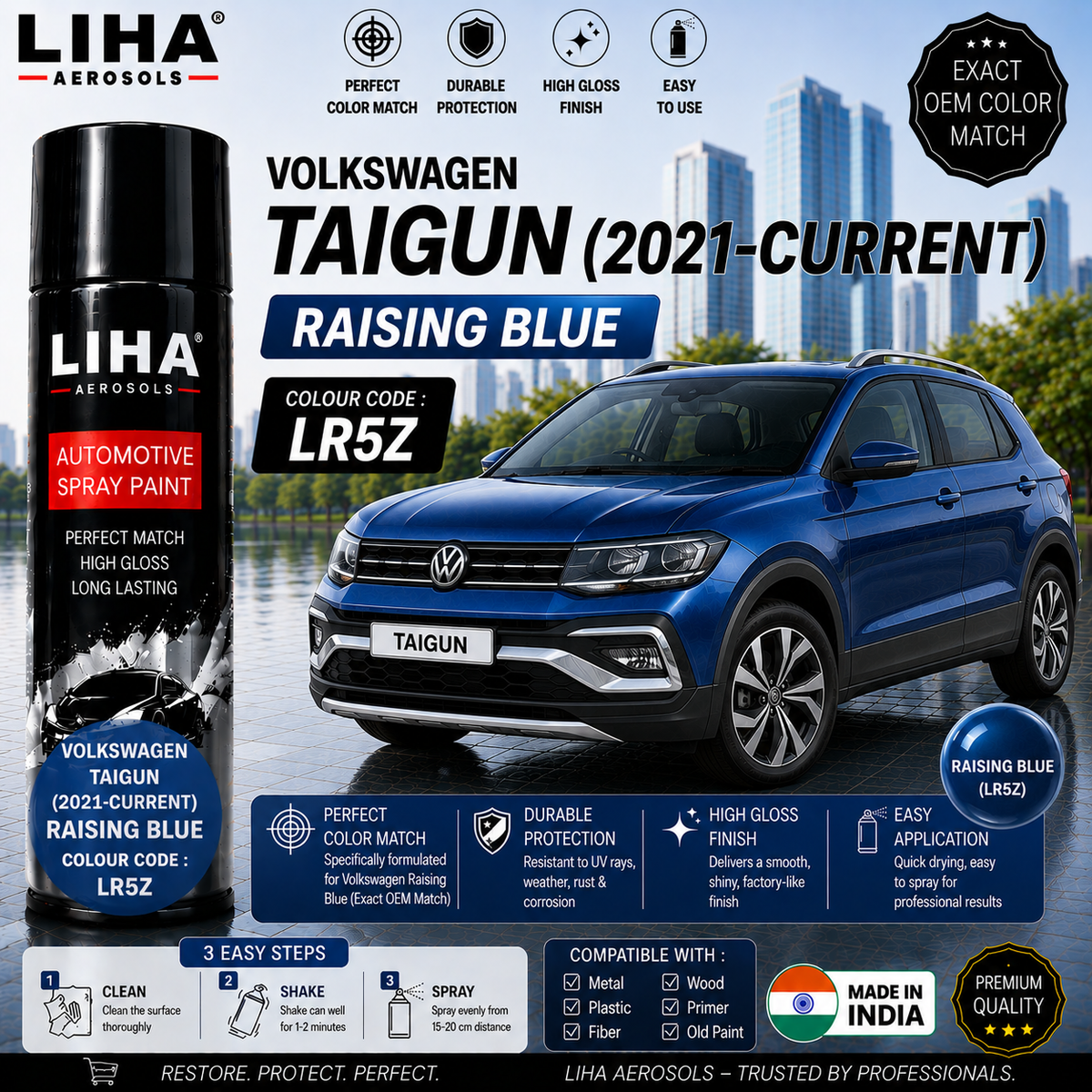 Volkswagen Taigun Rising Blue Touch Up Spray Paint – OEM Color Match | LIHA Aerosols 500ml