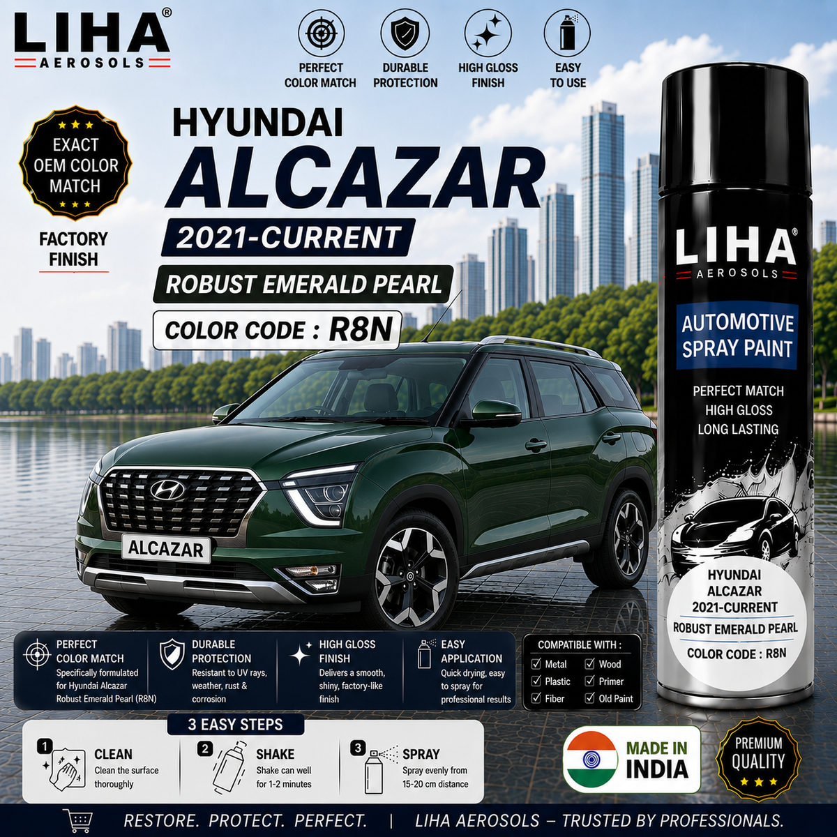 Hyundai Alcazar Robust Emerald Pearl Touch Up Spray Paint – OEM Color Match | LIHA Aerosols 500ml