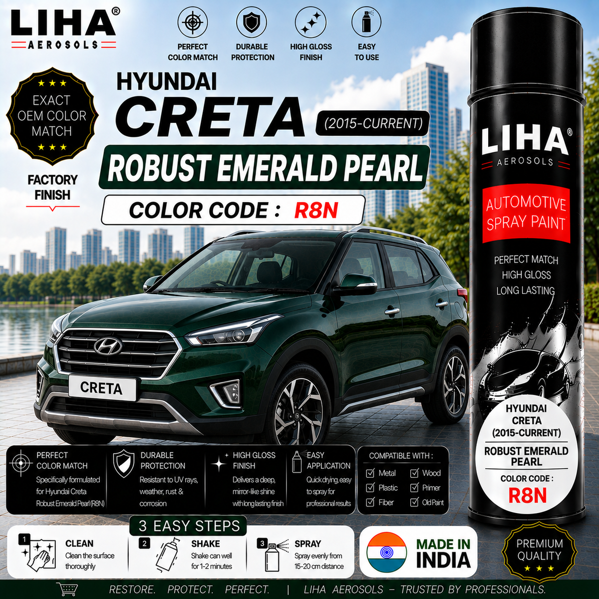 Hyundai Creta Robust Emerald Pearl Touch Up Spray Paint – OEM Color Match | LIHA Aerosols 500ml