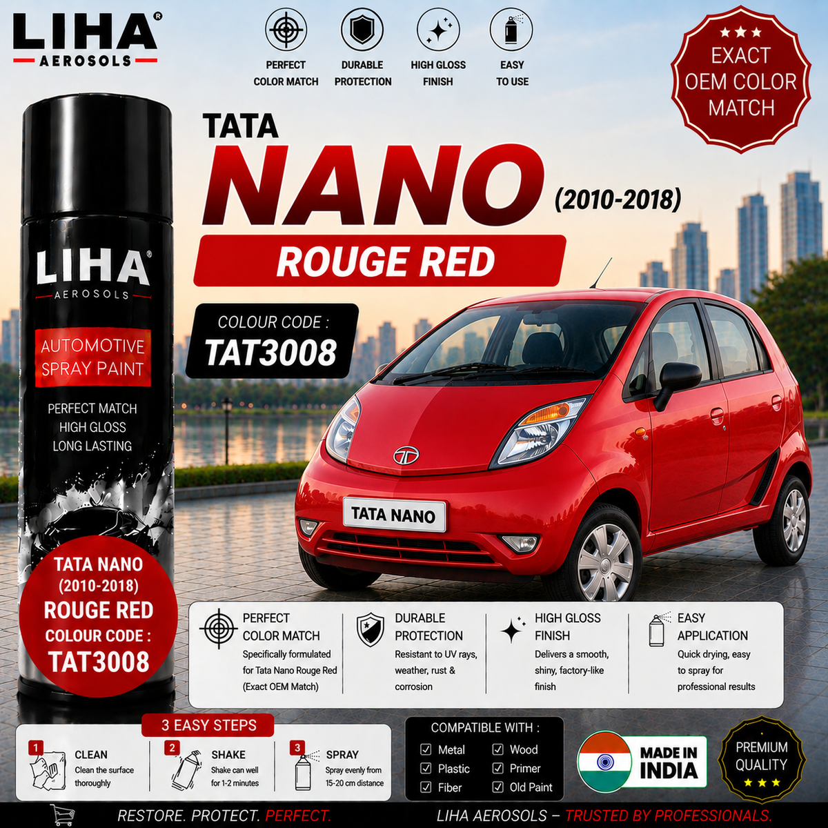 Tata Nano Rouge Red Touch Up Spray Paint – OEM Color Match | LIHA Aerosols 500ml