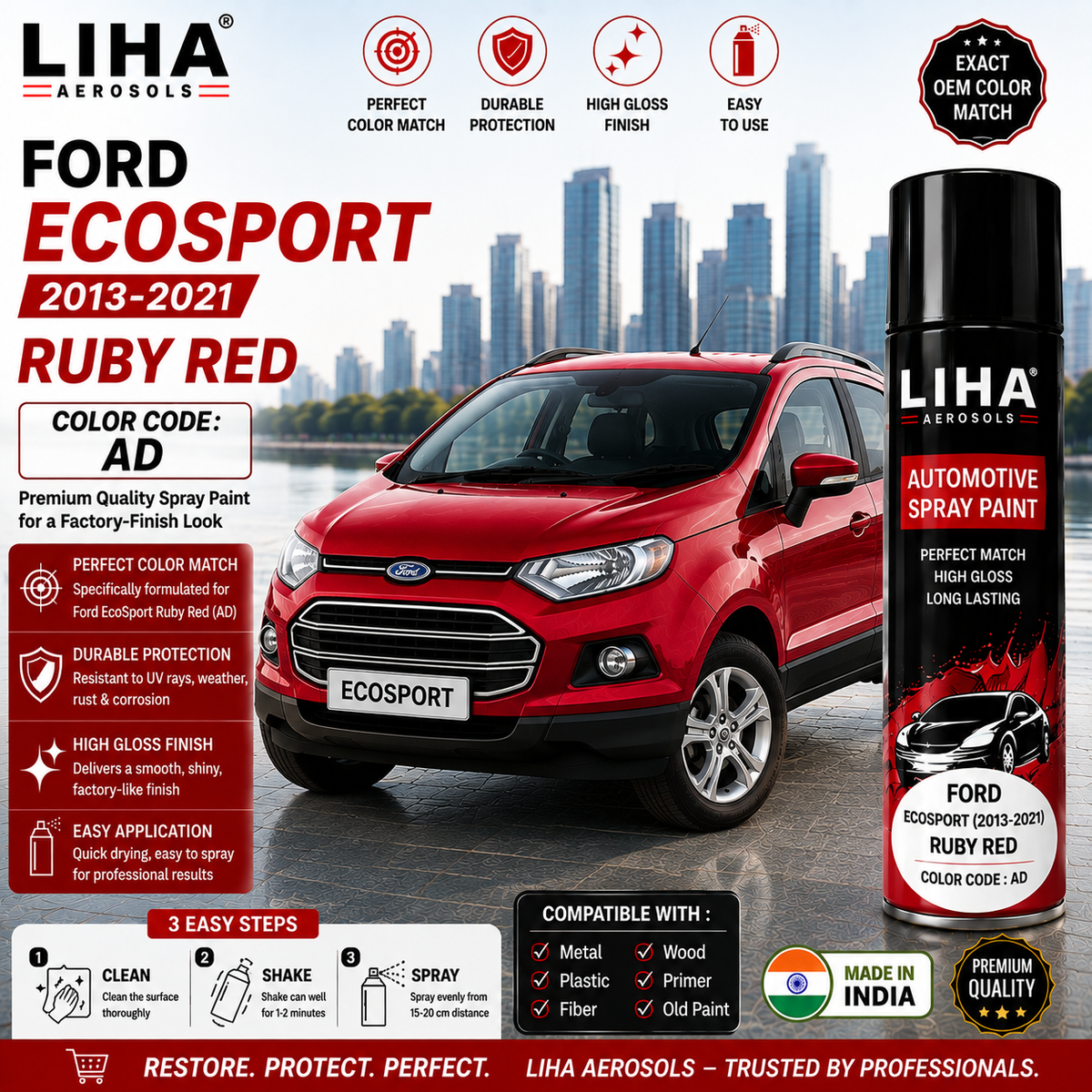Ford EcoSport Ruby Red Touch Up Spray Paint – OEM Color Match AD | LIHA Aerosols 500ml