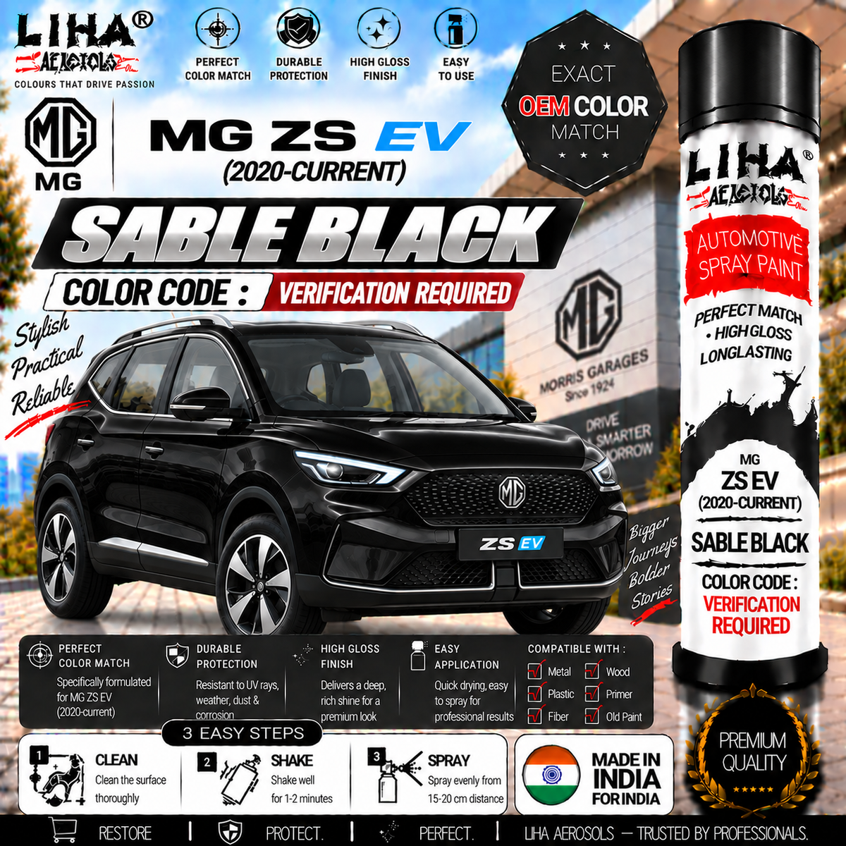 MG ZS EV Sable Black Touch Up Spray Paint – OEM Color Match | LIHA Aerosols 500ml