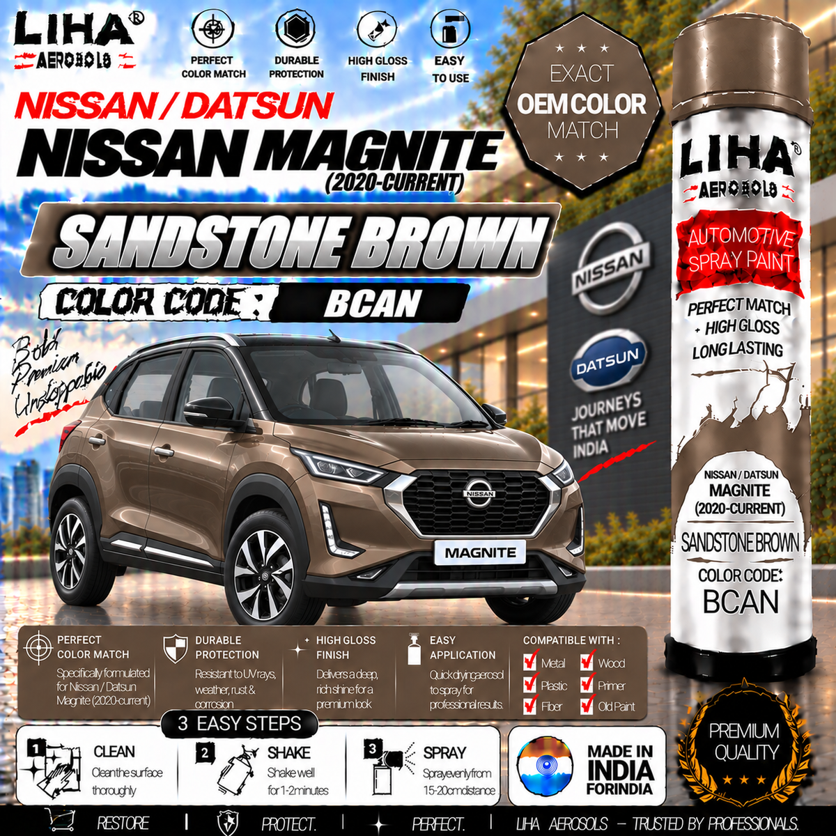 Nissan Magnite Sandstone Brown Touch Up Spray Paint – OEM Color Match | LIHA Aerosols 500ml