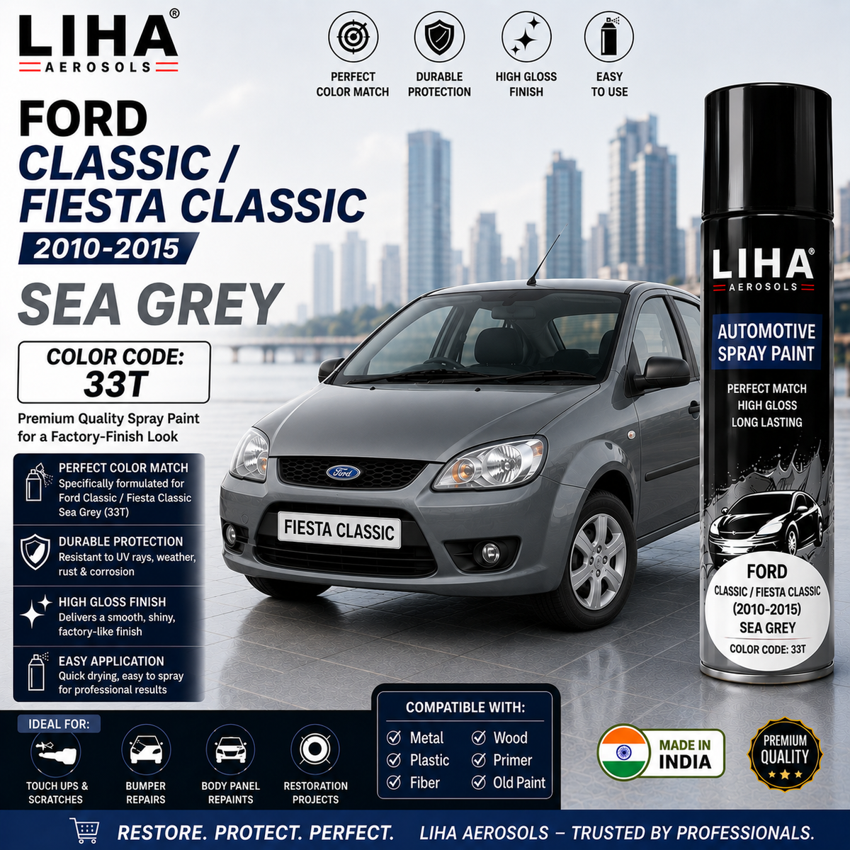 Ford Classic / Fiesta Classic Sea Grey Touch Up Spray Paint – OEM Color Match 33T | LIHA Aerosols 500ml