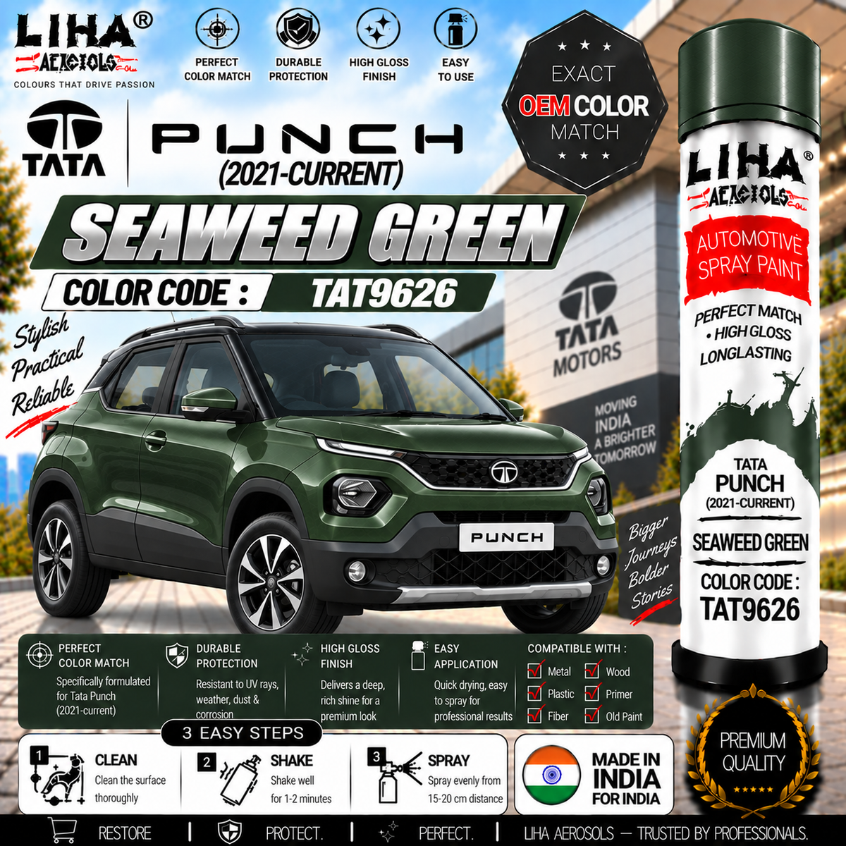 Tata Punch Seaweed Green Touch Up Spray Paint – OEM Color Match | LIHA Aerosols 500ml