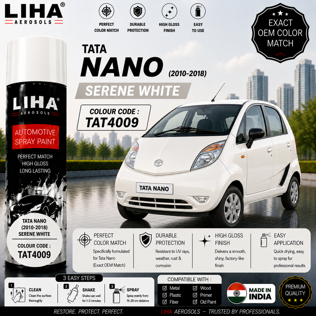 Tata Nano Serene White Touch Up Spray Paint – OEM Color Match | LIHA Aerosols 500ml