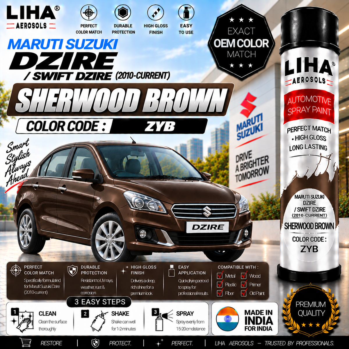 Maruti Suzuki Dzire / Swift Dzire Sherwood Brown Touch Up Spray Paint – OEM Color Match | LIHA Aerosols 500ml