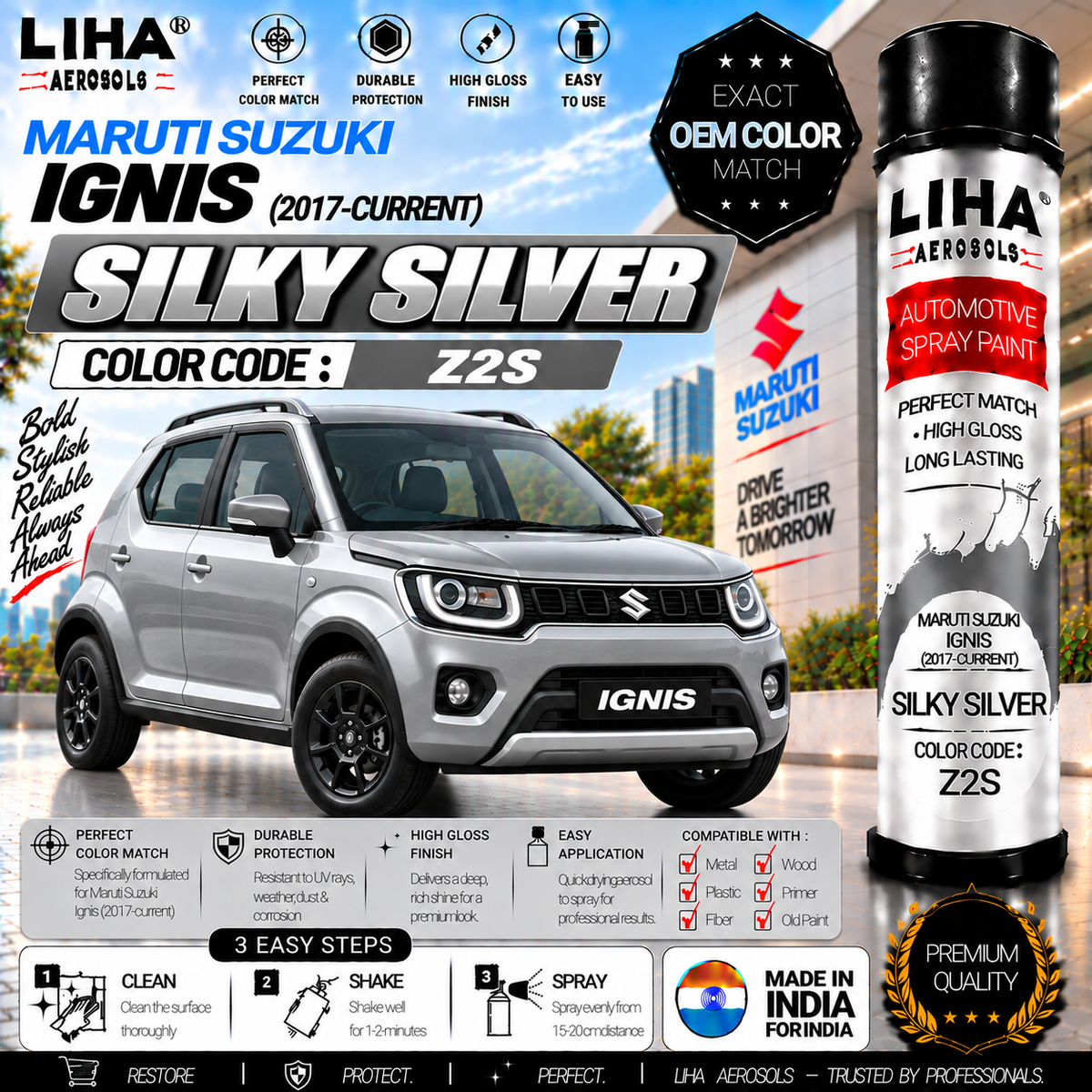 Maruti Suzuki Ignis Silky Silver Touch Up Spray Paint – OEM Color Match | LIHA Aerosols 500ml