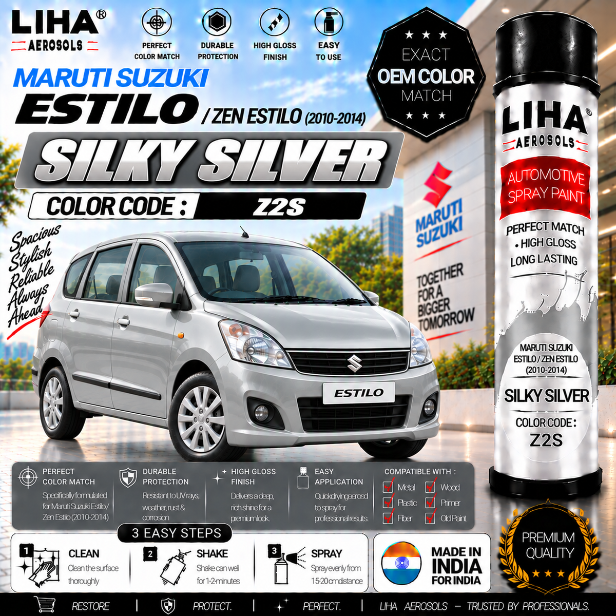 Maruti Suzuki Estilo / Zen Estilo Silky Silver Touch Up Spray Paint – OEM Color Match | LIHA Aerosols 500ml
