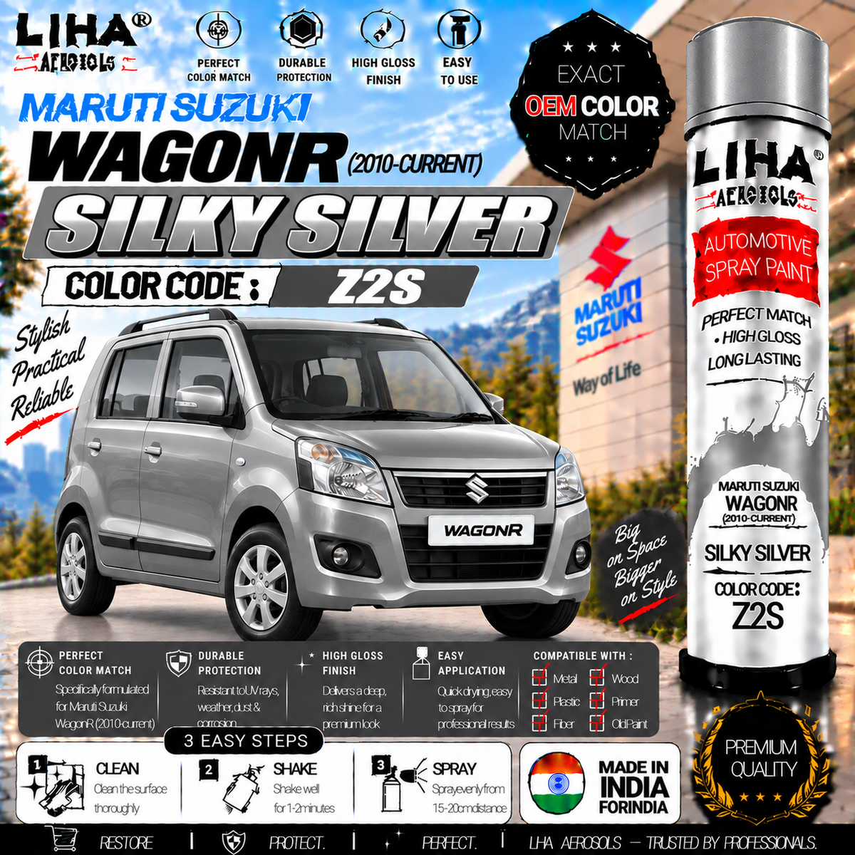 Maruti Suzuki WagonR Silky Silver Touch Up Spray Paint – OEM Color Match | LIHA Aerosols 500ml