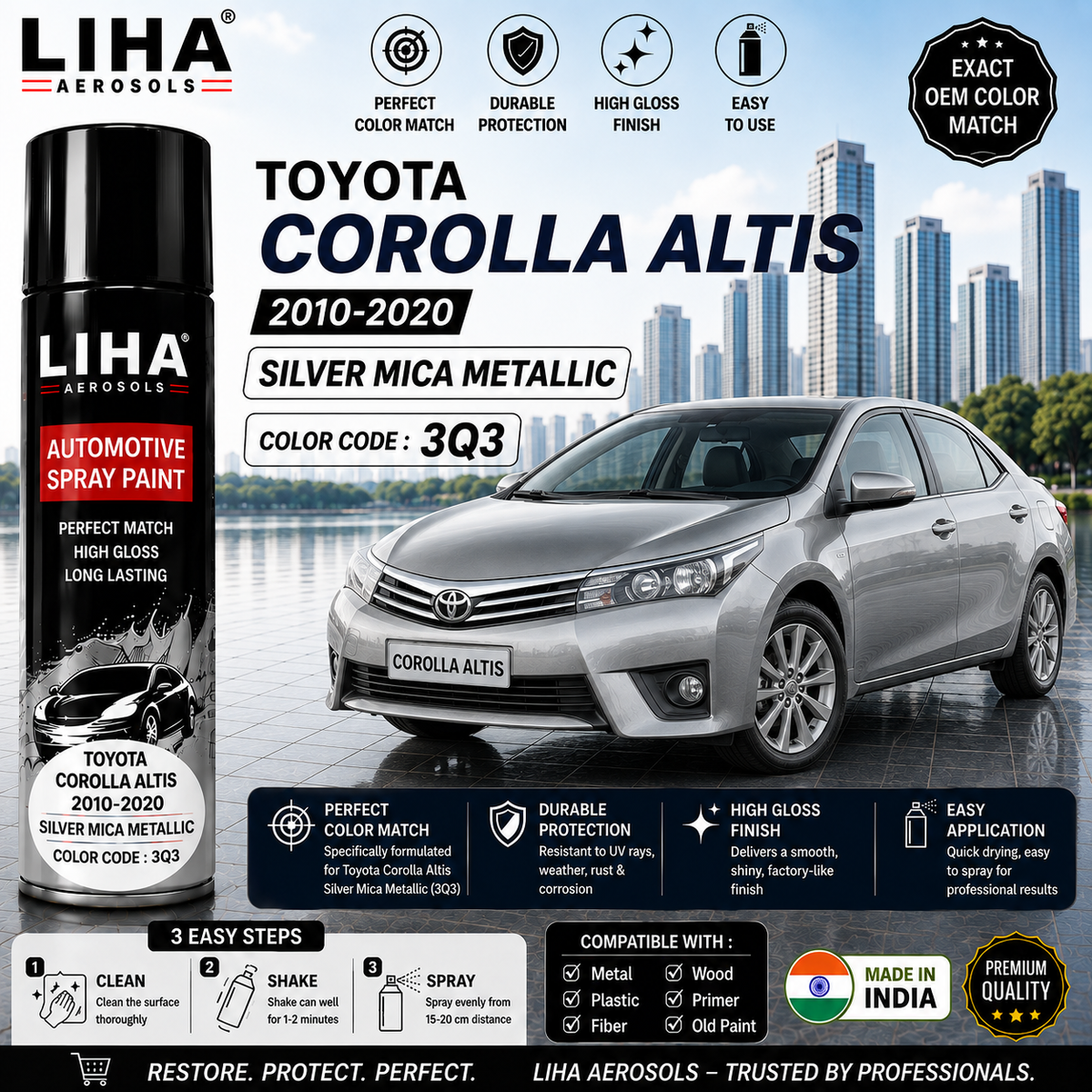 Toyota Corolla Altis Silver Mica Metallic Touch Up Spray Paint – OEM Color Match | LIHA Aerosols 500ml