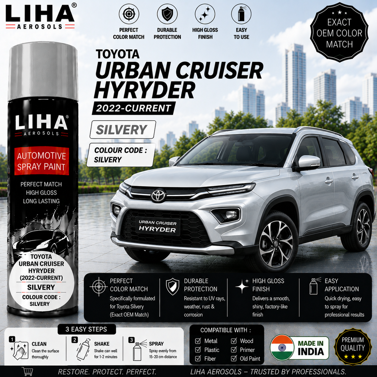 Toyota Urban Cruiser Hyryder Silvery Touch Up Spray Paint – OEM Color Match | LIHA Aerosols 500ml