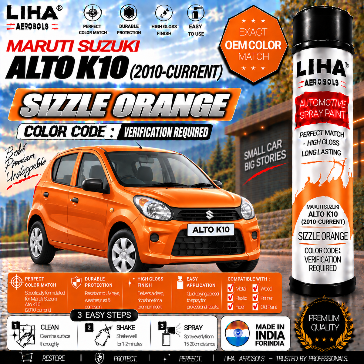 Maruti Suzuki Alto K10 Sizzle Orange Touch Up Spray Paint – OEM Color Match | LIHA Aerosols 500ml