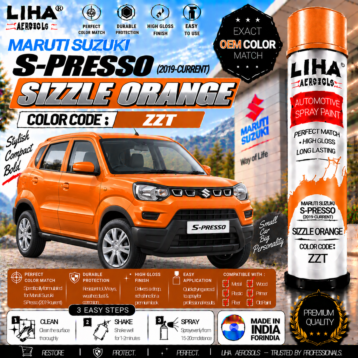 Maruti Suzuki S-Presso Sizzle Orange Touch Up Spray Paint – OEM Color Match | LIHA Aerosols 500ml