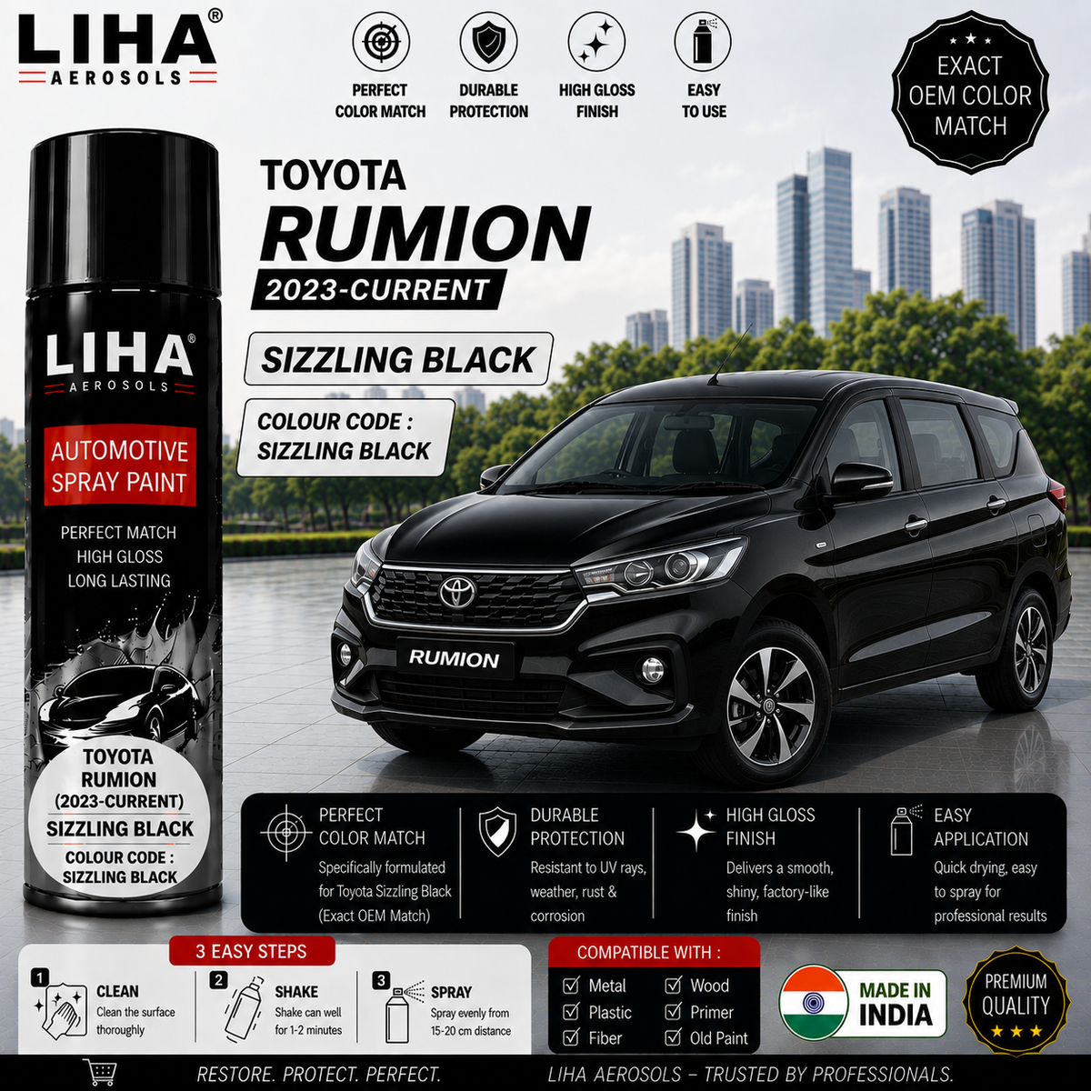 Toyota Rumion Sizzling Black Touch Up Spray Paint – OEM Color Match | LIHA Aerosols 500ml