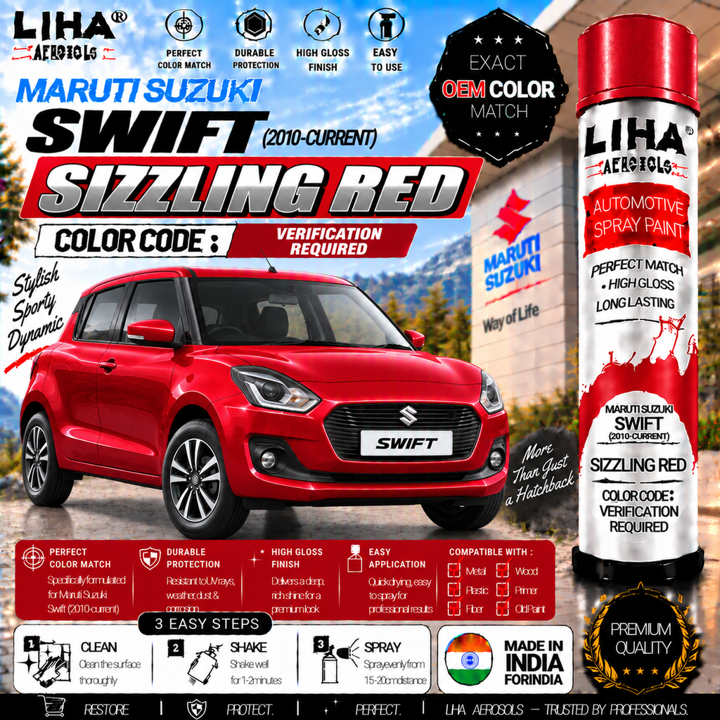 Maruti Suzuki Swift Sizzling Red Touch Up Spray Paint – OEM Color Match | LIHA Aerosols 500ml