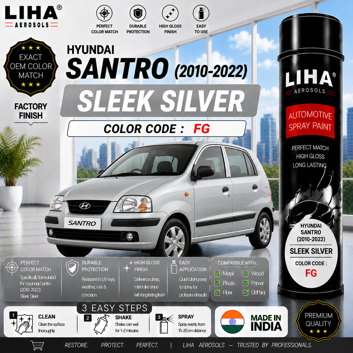 Hyundai Santro Sleek Silver Touch Up Spray Paint – OEM Color Match | LIHA Aerosols 500ml