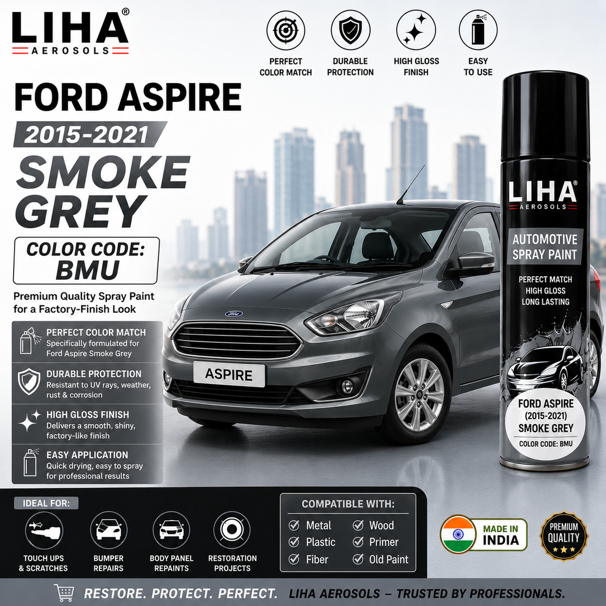 Ford Aspire Smoke Grey Touch Up Spray Paint – OEM Color Match BMU | LIHA Aerosols 500ml