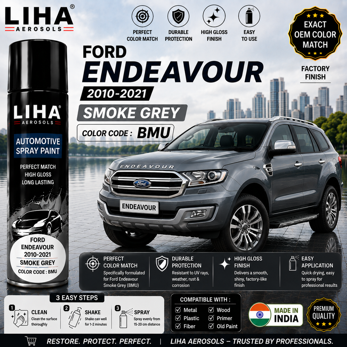 Ford Endeavour Smoke Grey Touch Up Spray Paint – OEM Color Match BMU | LIHA Aerosols 500ml