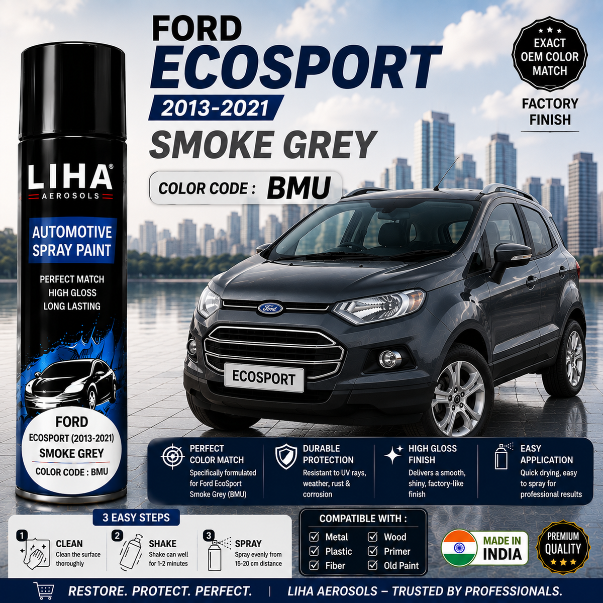 Ford EcoSport Smoke Grey Touch Up Spray Paint – OEM Color Match BMU | LIHA Aerosols 500ml