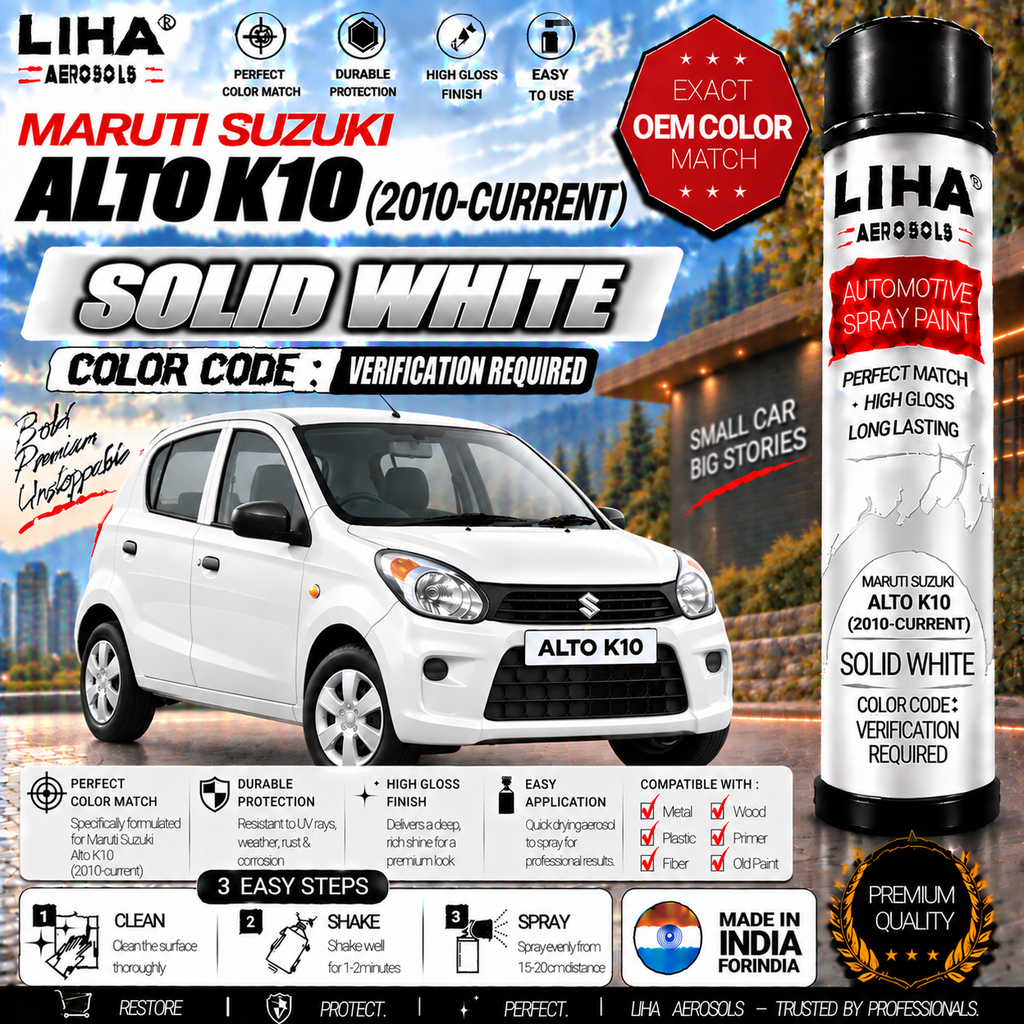 Maruti Suzuki Alto K10 Solid White Touch Up Spray Paint – OEM Color Match | LIHA Aerosols 500ml