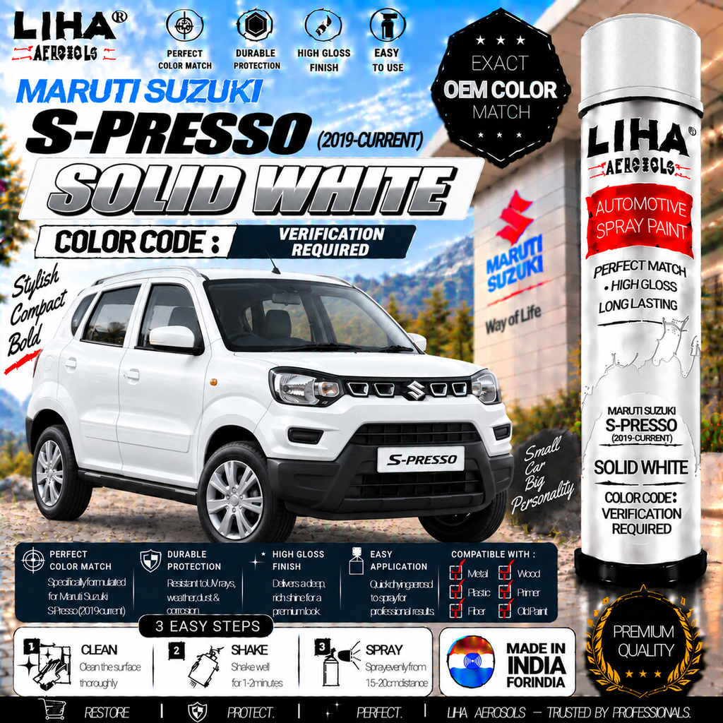 Maruti Suzuki S-Presso Solid White Touch Up Spray Paint – OEM Color Match | LIHA Aerosols 500ml