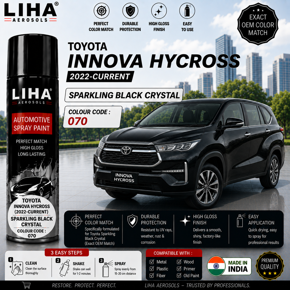 Toyota Innova Hycross Sparkling Black Crystal Shine Touch Up Spray Paint – OEM Color Match | LIHA Aerosols 500ml