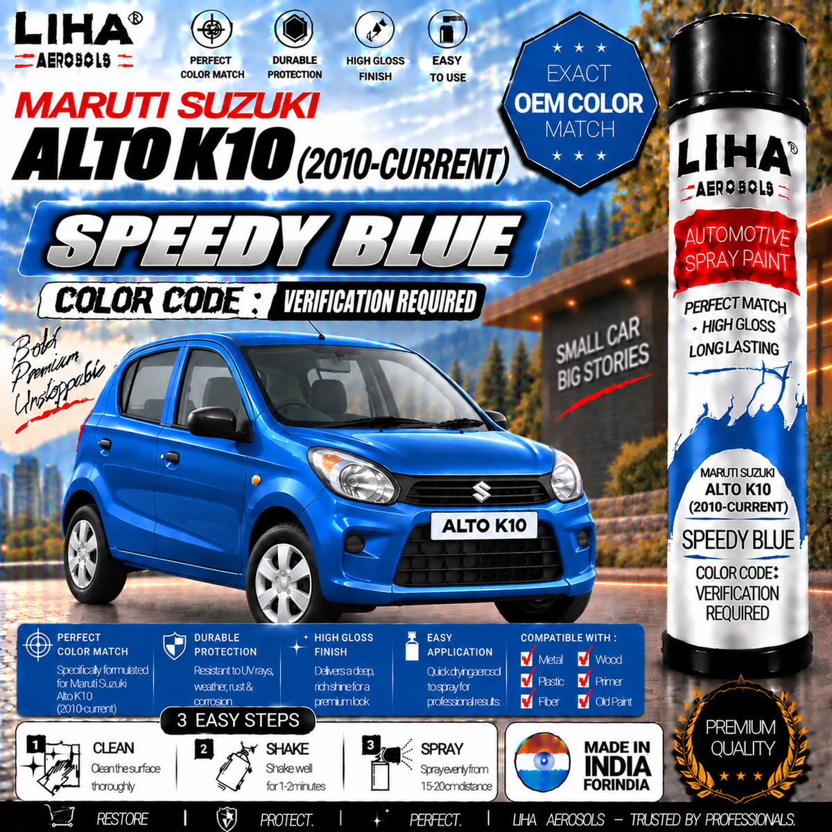 Maruti Suzuki Alto K10 Speedy Blue Touch Up Spray Paint – OEM Color Match | LIHA Aerosols 500ml