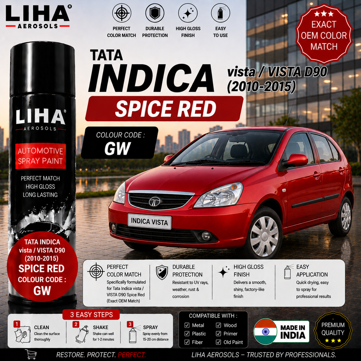 Tata Indica Vista / Vista D90 Spice Red Touch Up Spray Paint – OEM Color Match | LIHA Aerosols 500ml