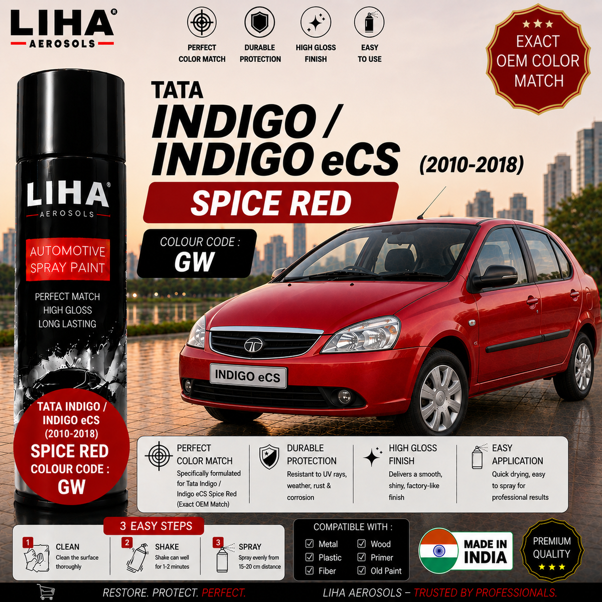 Tata Indigo / Indigo eCS Spice Red Touch Up Spray Paint – OEM Color Match | LIHA Aerosols 500ml