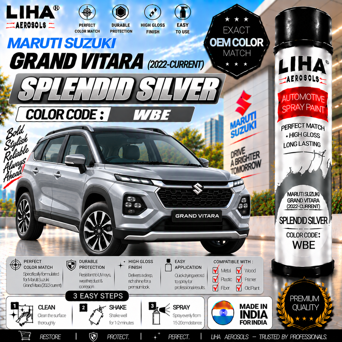 Maruti Suzuki Grand Vitara Splendid Silver Touch Up Spray Paint – OEM Color Match | LIHA Aerosols 500ml