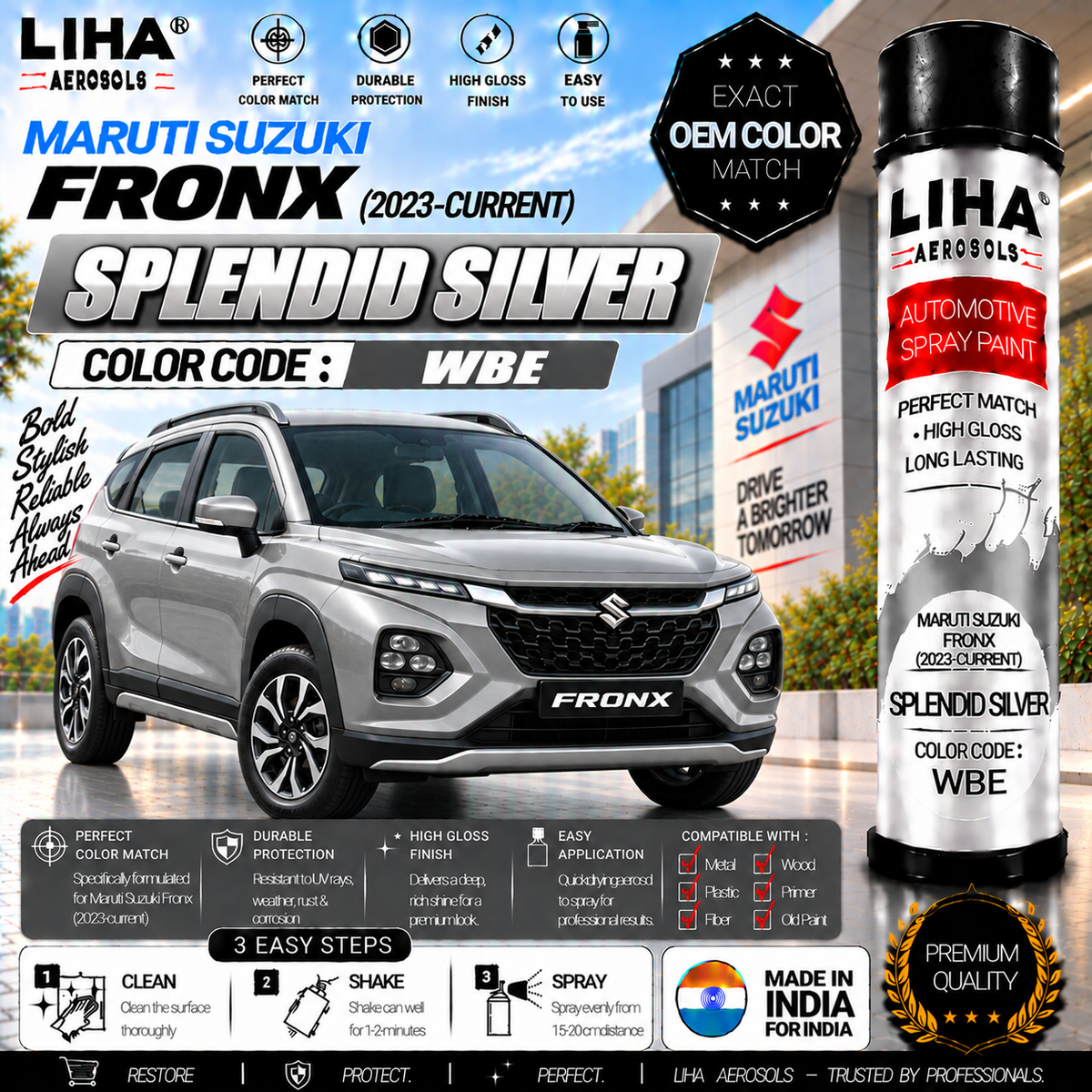 Maruti Suzuki Fronx Splendid Silver Touch Up Spray Paint – OEM Color Match | LIHA Aerosols 500ml