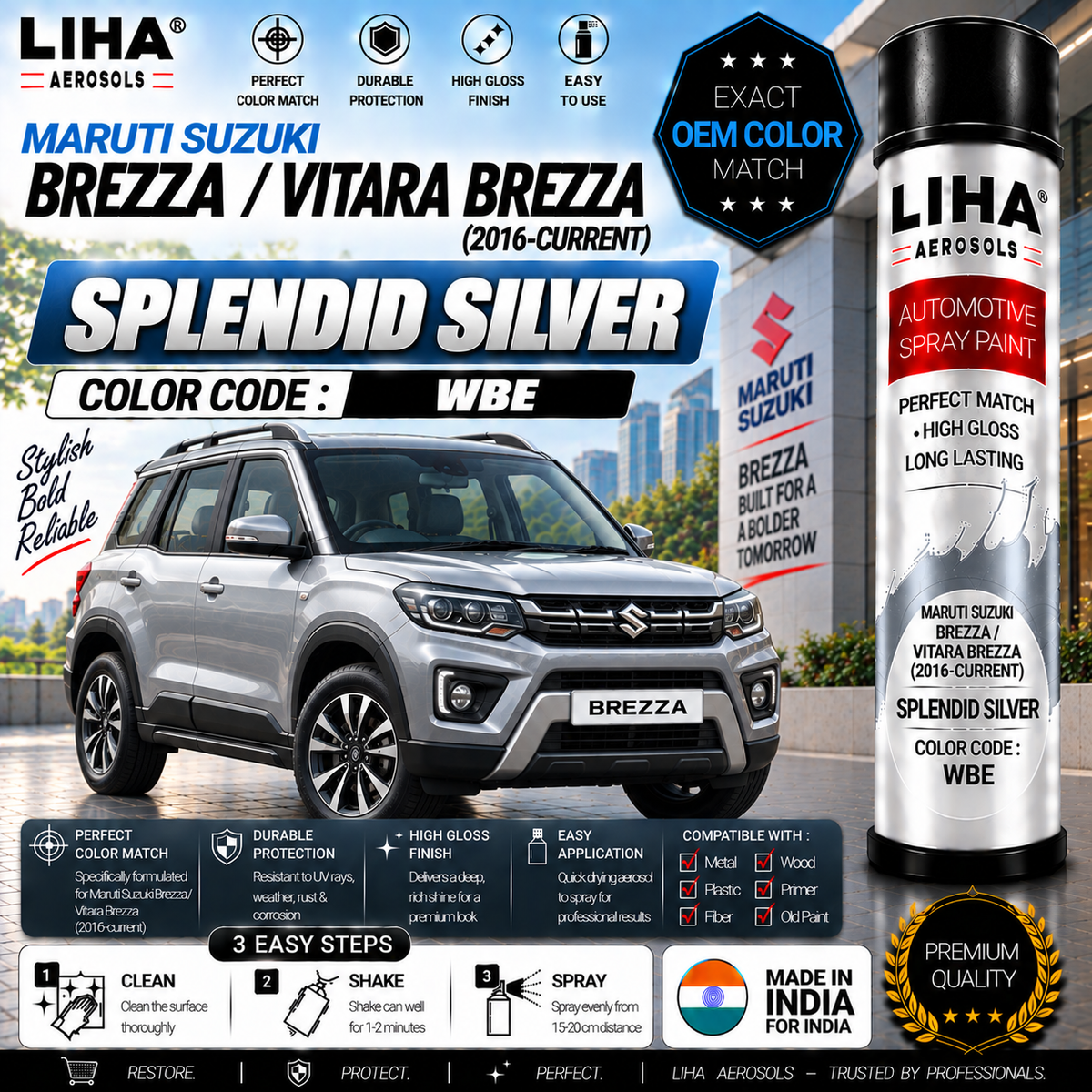 Maruti Suzuki Brezza / Vitara Brezza Splendid Silver Touch Up Spray Paint – OEM Color Match | LIHA Aerosols 500ml
